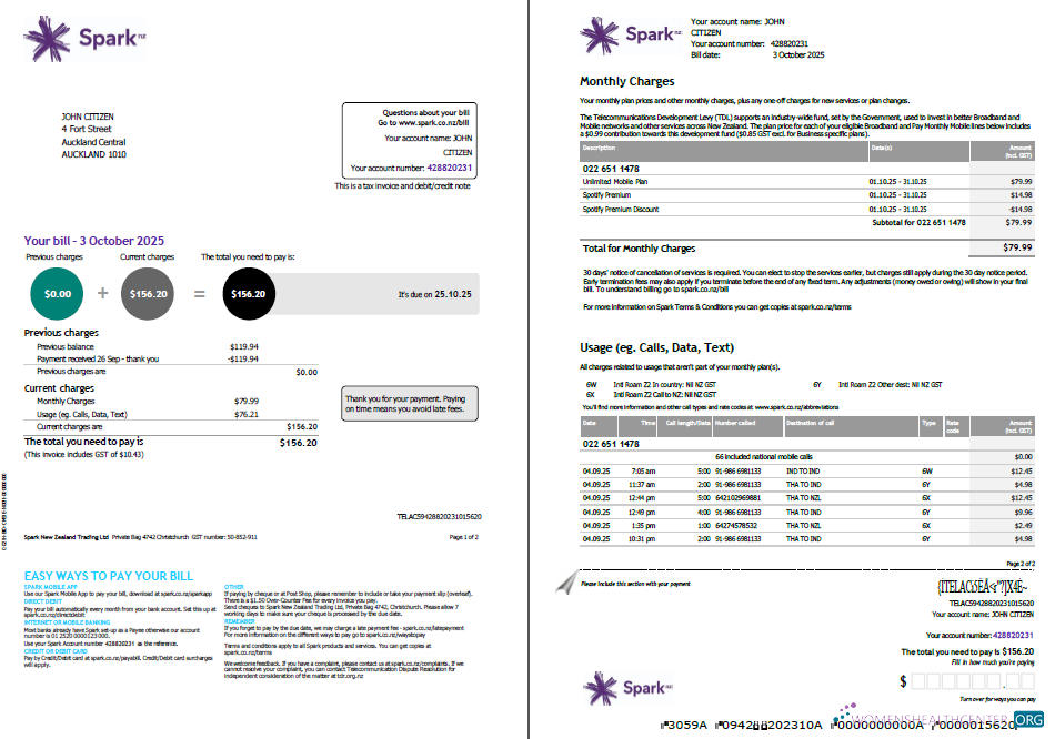 download download New Zealand Spark utility bill template in Word and PDF formats, 2 pages PDF template PDF template